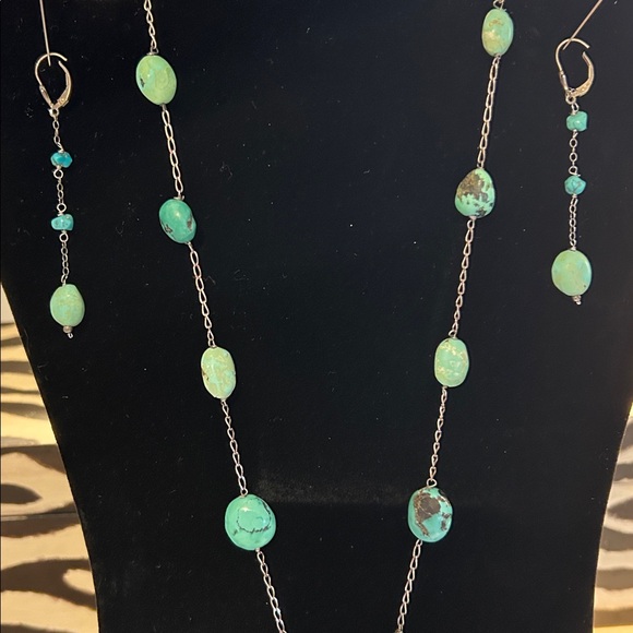 Boho Vintage silver turquoise statement 
Y necklace and earrings. - Picture 2 of 10